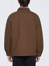 Men’s plus size button long sleeve brown utility jacket with classic collar and buttoned cuffs