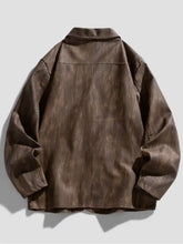 Men’s plus size brown faux leather long sleeve jacket with classic collar and slightly distressed texture
