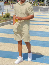 Men’s plus size beige short-sleeved button-up shirt with chest pocket and matching shorts set for casual wear