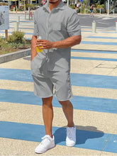 Men’s plus size gray short-sleeved button-up shirt with chest pocket and matching shorts set for casual wear