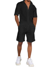 Men’s plus size black short-sleeved collared jumpsuit with front zipper and side pockets for casual wear