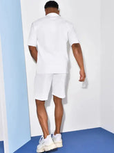 Men’s plus size white short-sleeved collared button-up shirt with a relaxed fit for casual wear