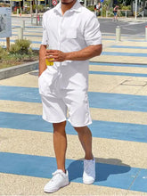 Men’s plus size white short-sleeved button up shirt with chest pocket and matching white shorts set