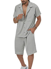 Men’s plus size gray short-sleeved button-up shirt and shorts set made of lightweight breathable fabric