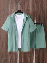 Men’s plus size light green textured short sleeve button up shirt and shorts set with measuring tape detail