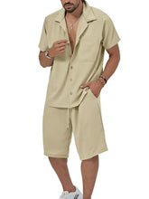 Men’s plus size beige short sleeve button up shirt with collar and front pockets for casual summer wear