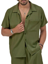 Men’s plus size olive green short sleeve button up shirt with collar and chest pocket in a casual set