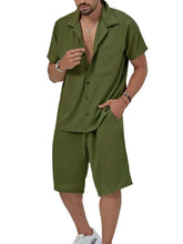 Men’s plus size olive green short-sleeved button-up shirt and matching shorts set made from lightweight fabric