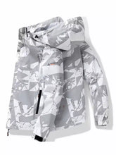 Men’s plus size camouflage waterproof outdoor jacket in gray and white geometric pattern with hood and black zipper accents