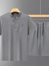 Men’s plus size gray short sleeve polo shirt with stand-up collar breathable fabric and subtle chest embroidery