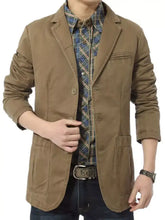 Men’s plus size tan cotton blazer with classic collar casual button closures and two front pockets for everyday wear
