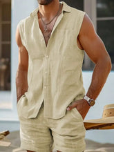 Men’s plus size casual light beige linen sleeveless button-up vest with collar and front pocket