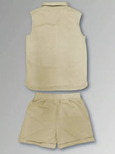 Men’s plus size casual beige sleeveless button up vest with collar and matching shorts with elastic waistband and cuffs
