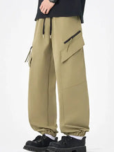 Mens plus size casual cargo pants in khaki with wide legs and elastic cuffs