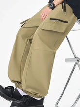 Mens plus size casual cargo pants with drawstring waist and multi-pockets