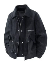 Men’s plus size black corduroy snap jacket with silver zippers and snap buttons casual bomber style