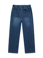 Dark blue denim men’s plus size casual drawstring wide-leg jeans back view with elastic waistband and two back pockets