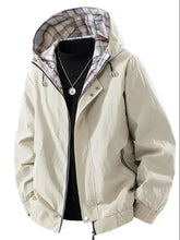 Men’s plus size casual hooded lightweight beige jacket with plaid-lined interior and ribbed cuffs for everyday wear