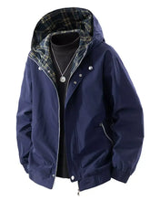 Men’s plus size casual hooded lightweight navy jacket with plaid-lined interior and silver-toned zipper accents