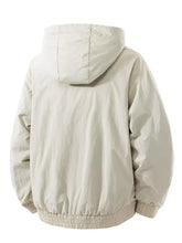 Beige men’s plus size casual hooded lightweight puffer jacket with elastic cuffs for comfortable wear