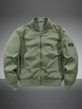 Men plus size olive green bomber jacket with zippered pockets and branded patch on sleeve for casual lightweight wear