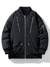 Men’s plus size black lightweight padded bomber jacket with silver zippers and snap buttons for casual wear