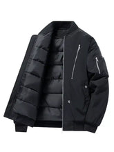 Men’s plus size black quilted lightweight padded bomber jacket with silver zippers and snap buttons for casual wear