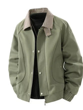 Men’s plus size olive green utility jacket with plaid collar zip and silver-toned buttons for casual wear