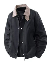 Men’s plus size black bomber jacket with beige and brown plaid collar zip detail for casual wear