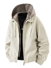 Beige men’s plus size casual plaid hooded windbreaker jacket with brown and white checkered lining elastic cuffs and drawstrings