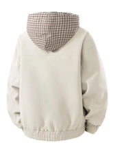 Men plus size beige hooded windbreaker jacket with contrasting brown and white plaid lining in the hood