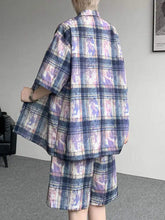 Men’s plus size casual plaid print shirt with loose fit short sleeves in purple blue and beige soft blend fabric