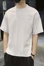 Men’s plus size white cotton t-shirt with subtle contrast stitching, slightly stretchy and machine wash cold