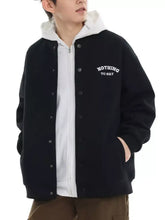 Men’s plus size black varsity jacket with white embroidered nothing to say text and matching white hood casual snap down style