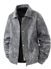 Men plus size casual gray snakeskin faux leather jacket with silver buttons and zipper closure