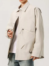 Beige plus size casual snap-down utility jacket with button closures and zippered pockets for men