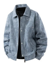 Men plus size casual snap down jacket in blue snakeskin faux leather with silver buttons and zipper