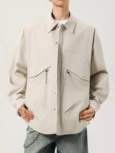 Beige plus size casual snap-down jacket with button-up front and two silver-toned zipper pockets