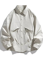 Beige plus size casual snap-down jacket with utility button-up style and two front zipper pockets
