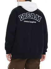 Men’s plus size casual snap down varsity jacket in black with white drawstring hood and dream create inspire lettering