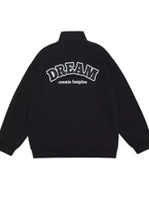 Back view of black men’s plus size casual snap down varsity jacket with dream and create inspire printed in white
