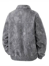 Men plus size casual snap-down bomber jacket in gray snakeskin pattern with textured slightly distressed finish