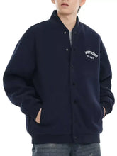 Men’s plus size navy blue varsity jacket with white embroidered nothing to say text on the left chest casual snap down design