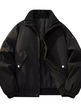 Men plus black lightweight bomber jacket with high collar front zipper and silver button flap pockets plus size