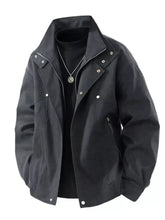 Men’s plus size casual black utility jacket with silver snap buttons and zipper details machine wash cold