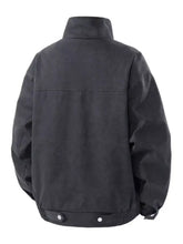 Men’s plus size black utility jacket with high collar and snap buttons at hem suitable for machine wash cold