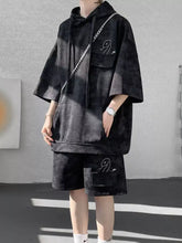 Men’s plus size casual black velvet hoodie and shorts set with subtle white embroidered duck designs on pockets