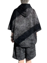 Men’s plus size casual washed black and gray tie-dye hooded poncho with short sleeves for comfortable wear