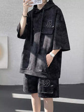 Men’s plus size casual black velvet hoodie and shorts set with embroidered duck designs on the pockets