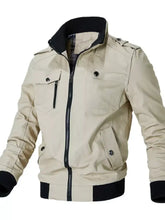 Beige mens plus size casual lightweight tactical-style jacket with black trim on collar cuffs and waistband